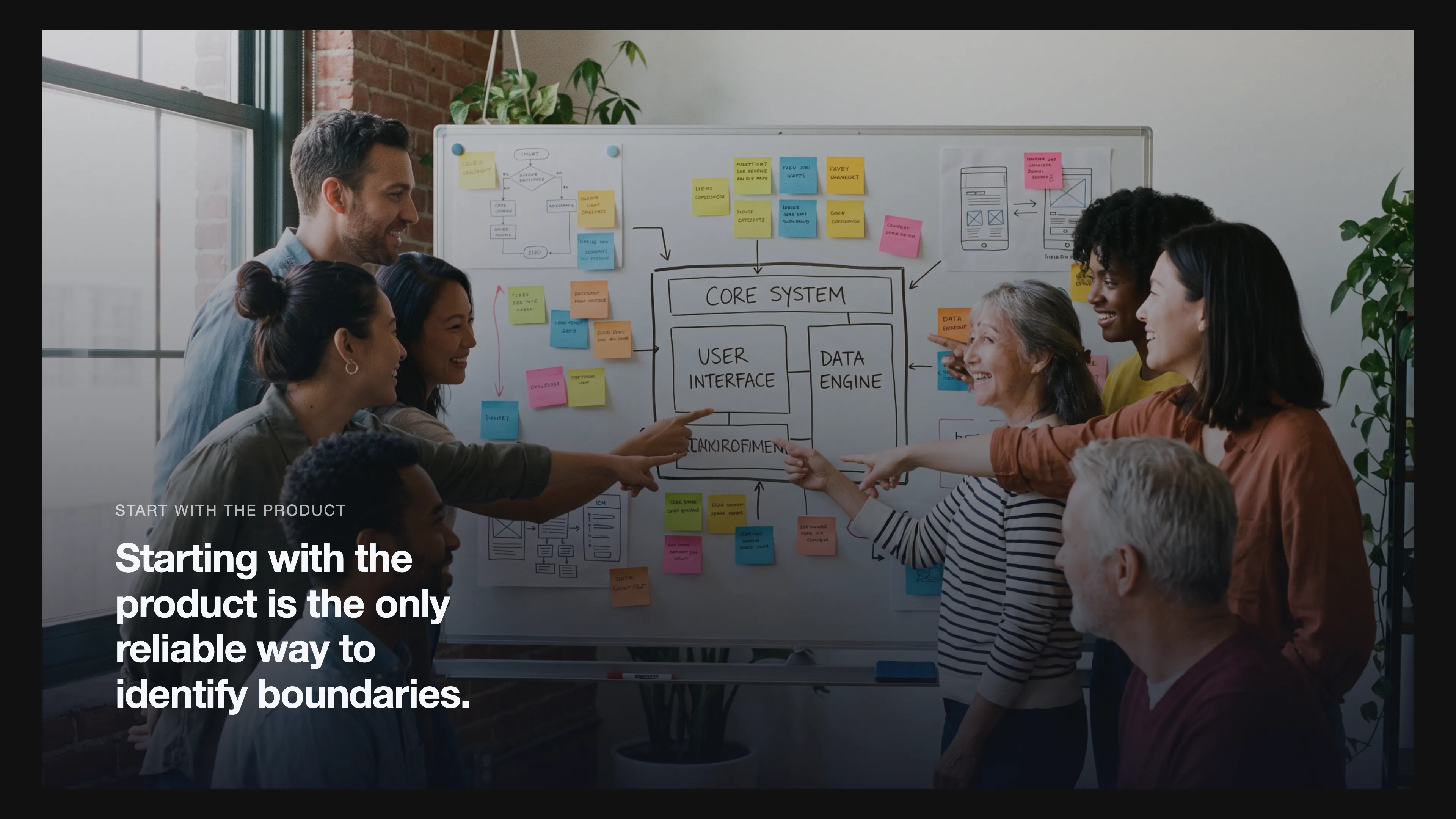 A team collaborating around a whiteboard with product diagrams and sticky notes, highlighting clear component boundaries.