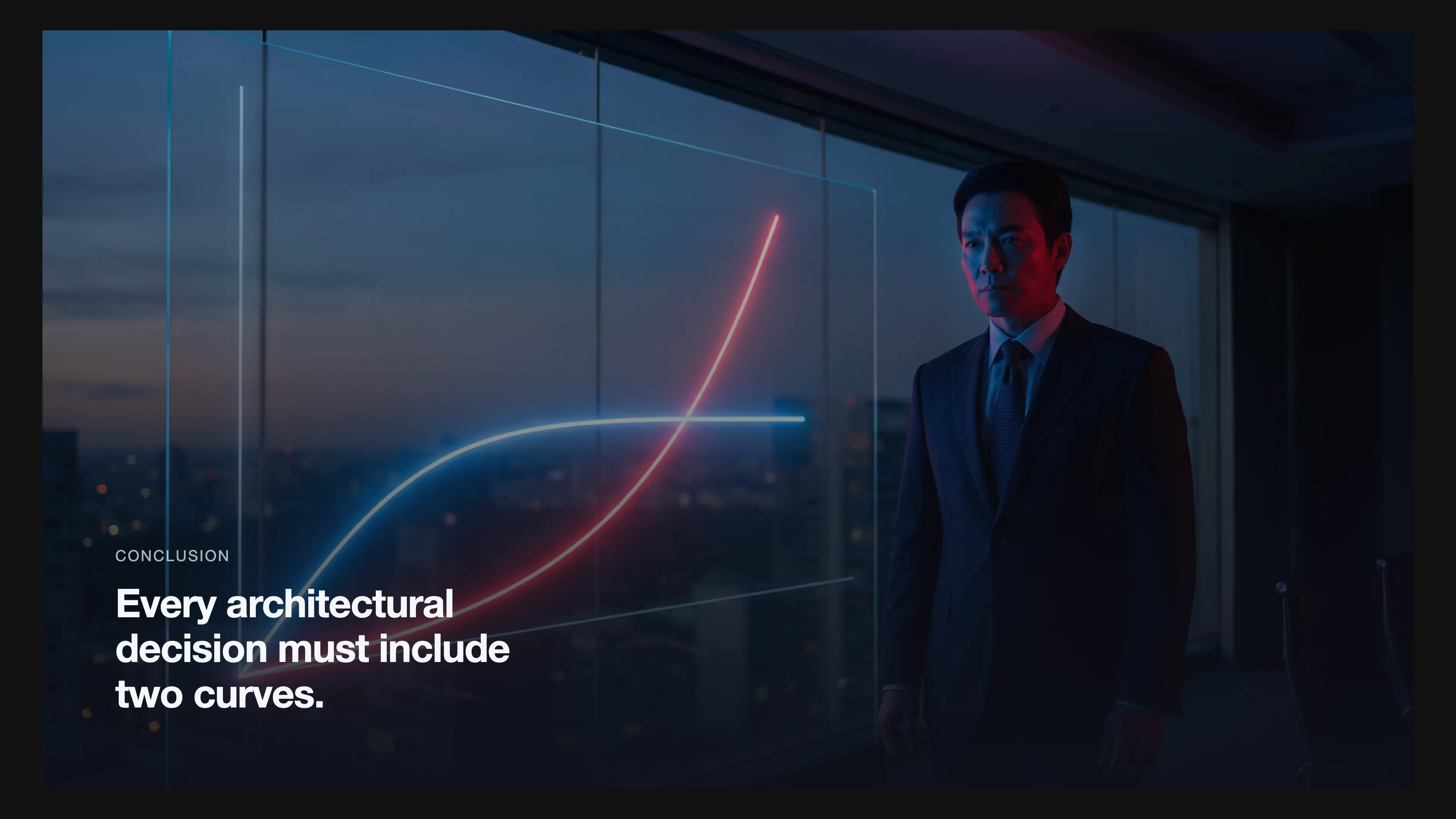 Scene of a CEO facing a large transparent data wall with two glowing curves that start together then sharply diverge. One curve flattens while the other skyrockets, casting blue and red light on the CEO's face. No text or UI chrome.