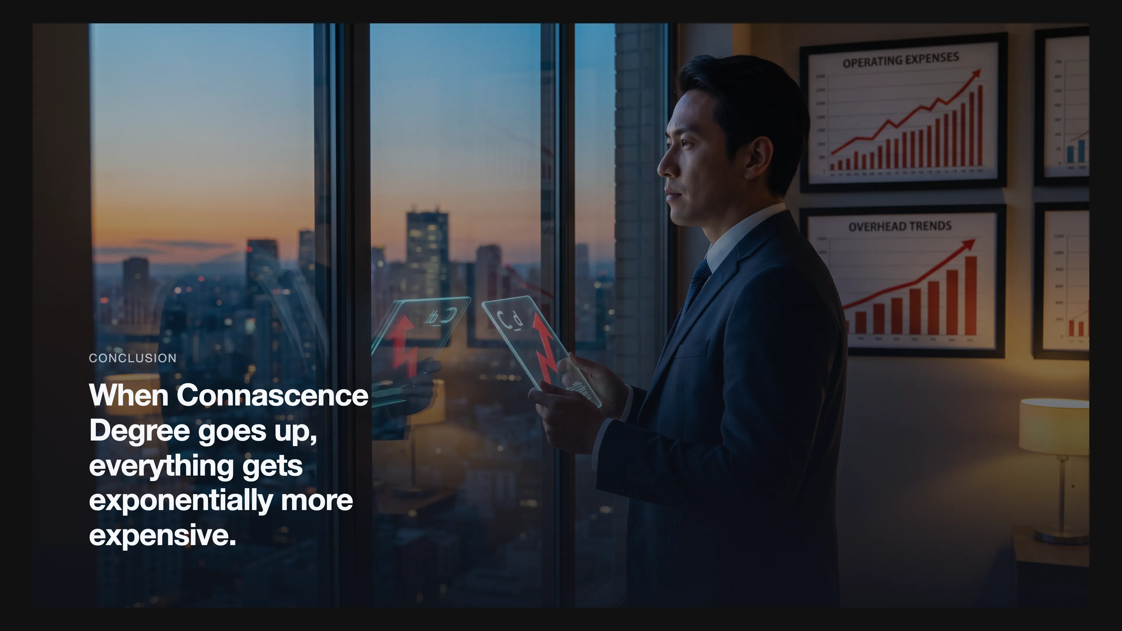 A business leader overlooking a city skyline at dusk with a reflective dashboard showing a red trending C_d Connascence Degree number and charts of rising costs.