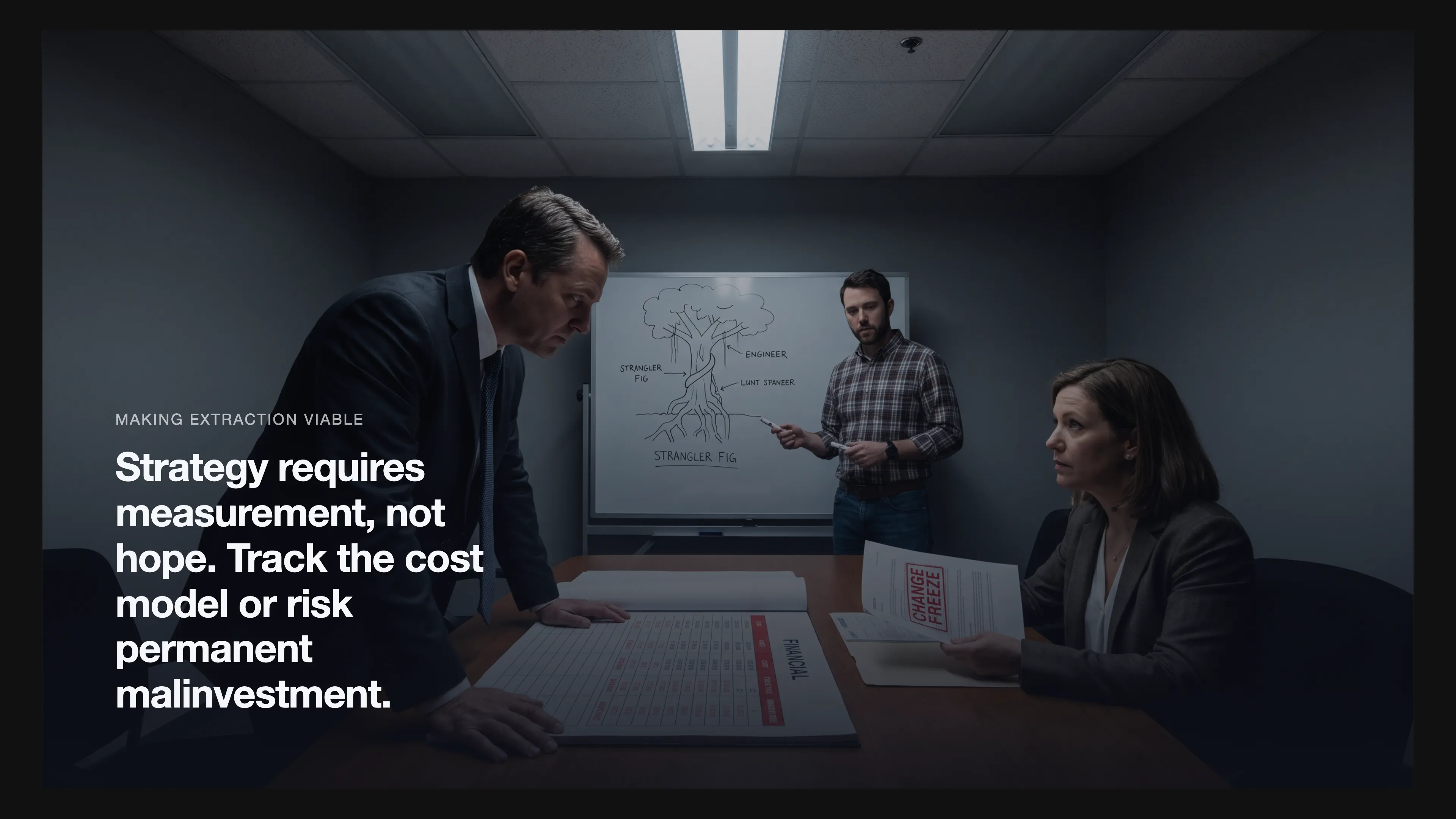 A boardroom scene with CEO reviewing cost model spreadsheet showing rising red numbers, engineer by whiteboard with strangler fig diagram, and an executive holding a signed change freeze document, highlighting the three conditions for viable extraction.