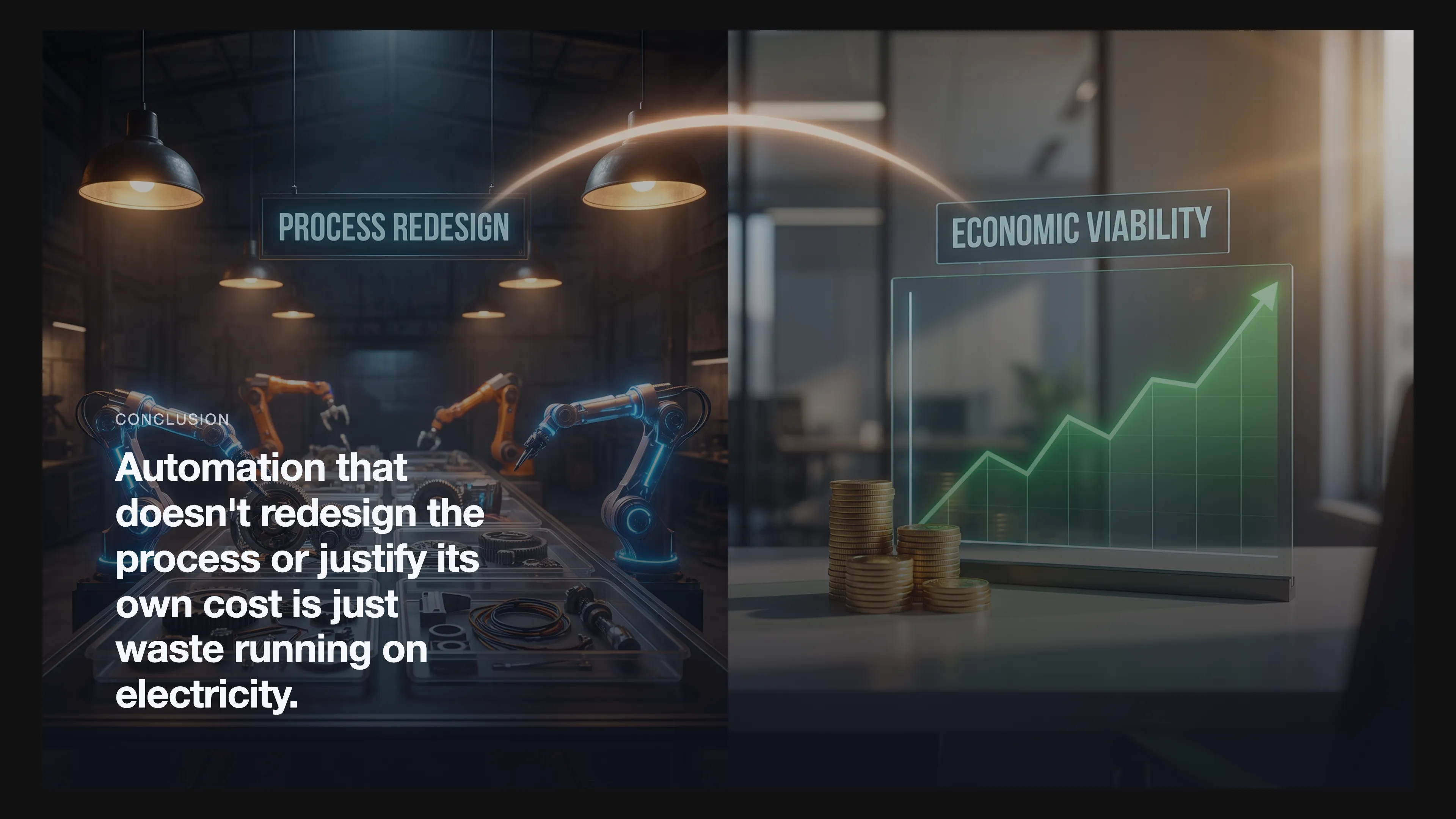 A cinematic split scene showing two concepts: on the left, a mechanical assembly being redesigned into modular blocks by robotic arms; on the right, gold coins and a rising graph representing economic viability. A beam of light connects them into an arch.