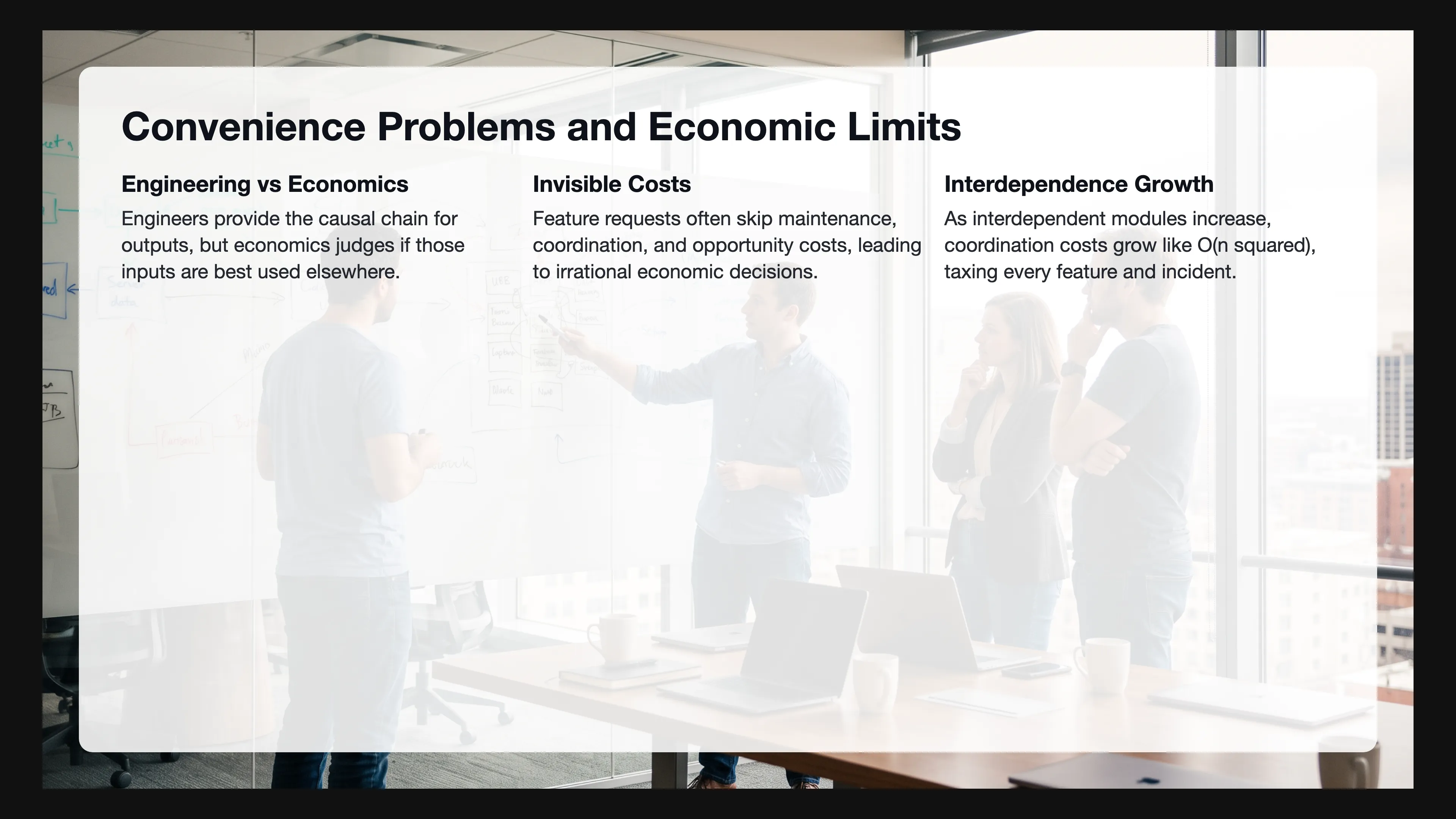 Infographic titled 'Convenience Problems and Economic Limits' with three blocks: Engineering vs Economics, Invisible Costs, and Interdependence Growth, over a cinematic background of software engineers in a meeting discussing a complex module diagram.