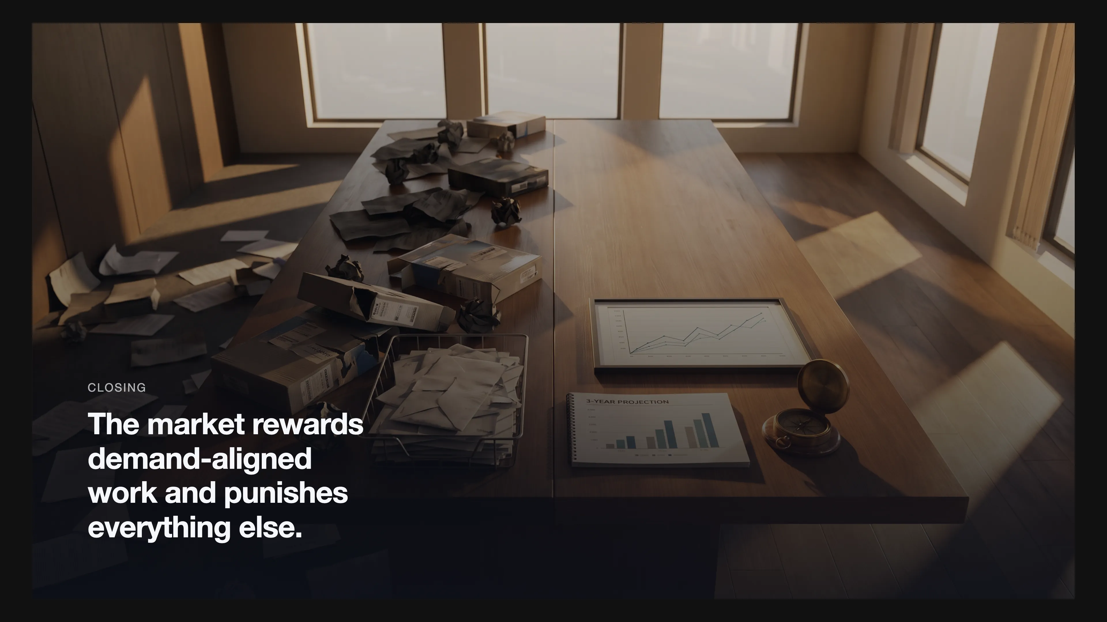 A cinematic boardroom scene contrasting two sets of signals: clutter of competitor launches and organizational noise on one side, and a clear customer metric chart, cost projection, and compass on the other, divided by light and shadow.