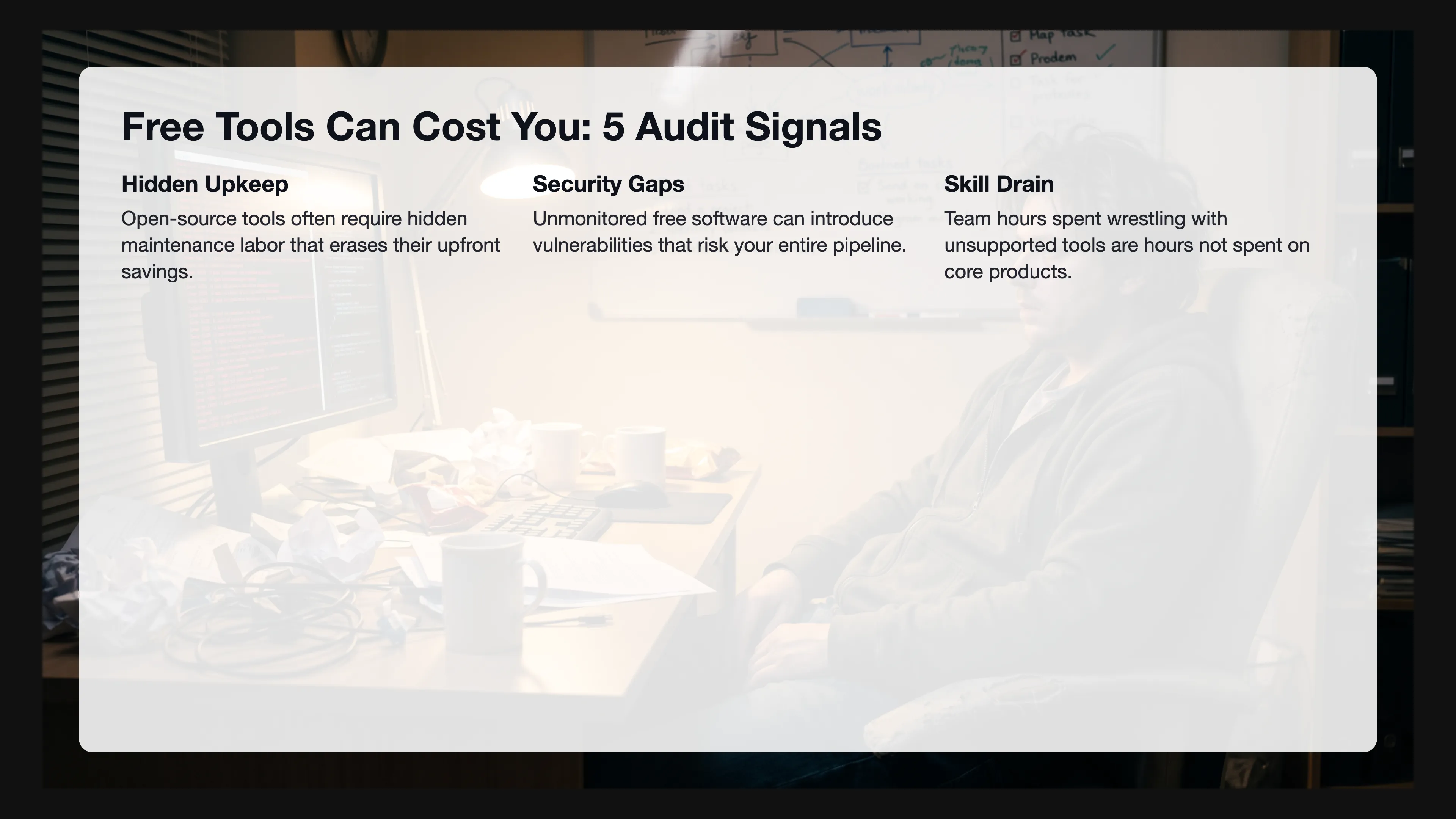 Infographic titled Free Tools Can Cost You: 5 Audit Signals, with three blocks explaining hidden upkeep, security gaps, and skill drain of free software.
