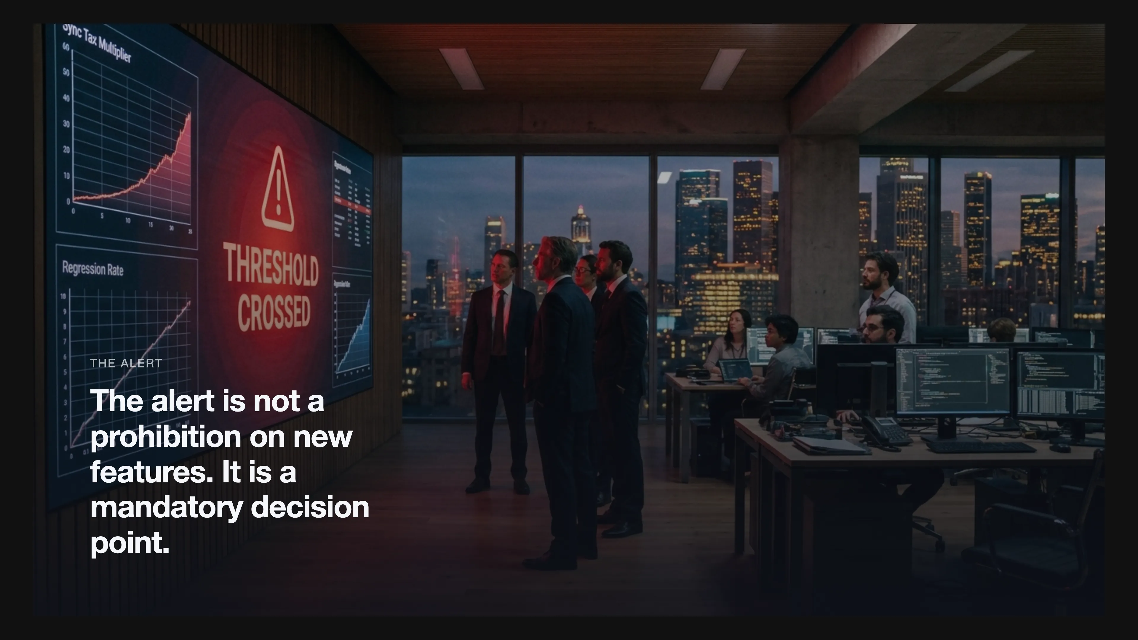 A cinematic depiction of an alert trigger when the Sync Tax Multiplier crosses a threshold, shown on a dashboard in a decision room with leadership and development team observing.